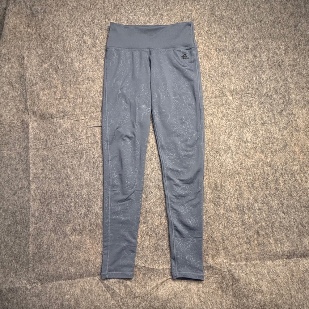 Adidas Climawarm Floral Leggings Womens Small Blue Grey Thermal Back Zip Pocket